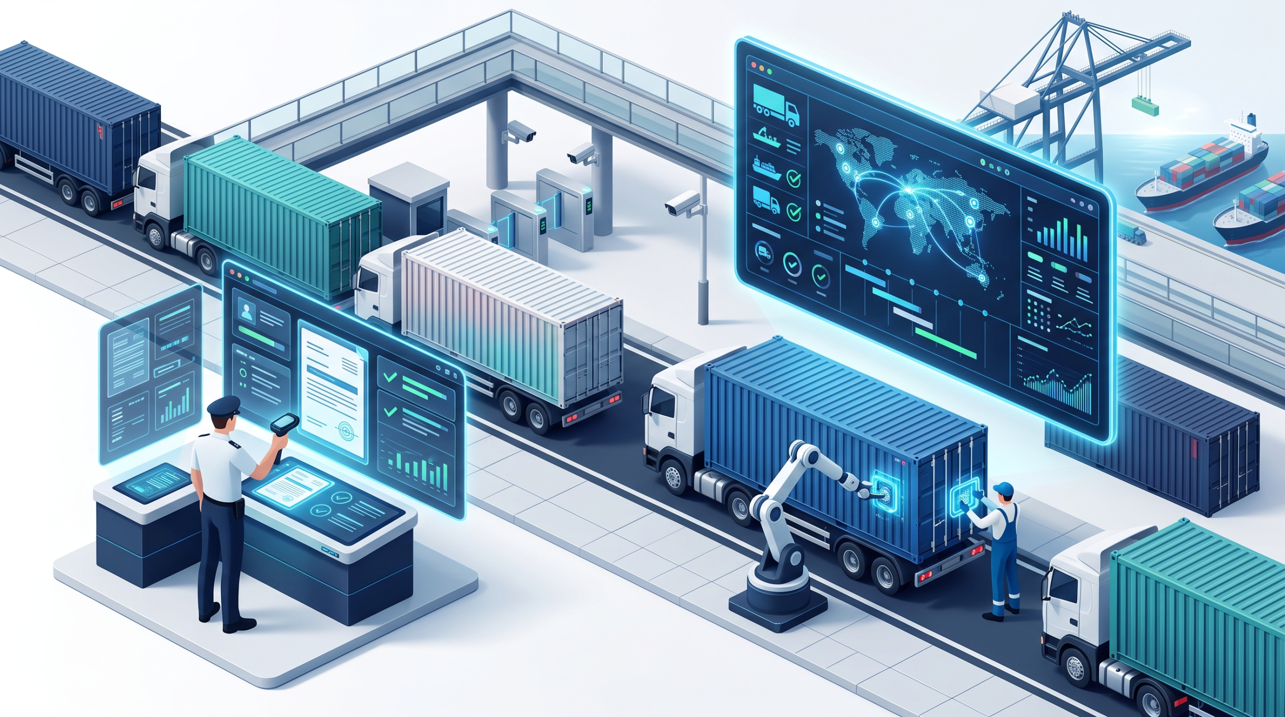 Customs checking transit trade documents and sealing a container
