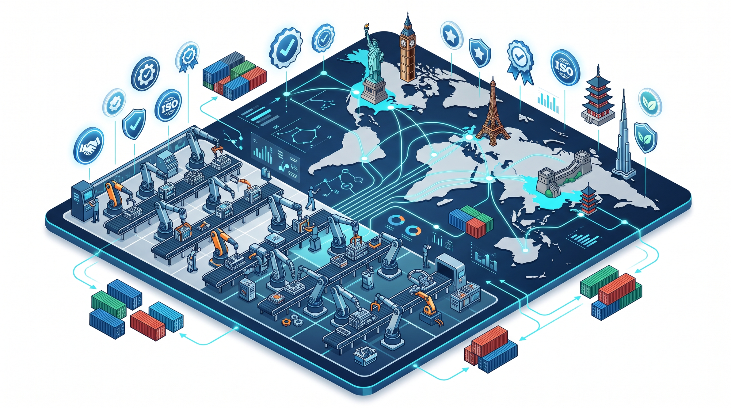 Global supply chain support: factory production line and international supply network
