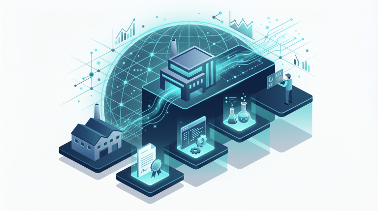 KOBİ teknolojik dönüşümünü ve inovasyon finansmanını simgeleyen izometrik platform ve global ağ bağlantısı görseli
