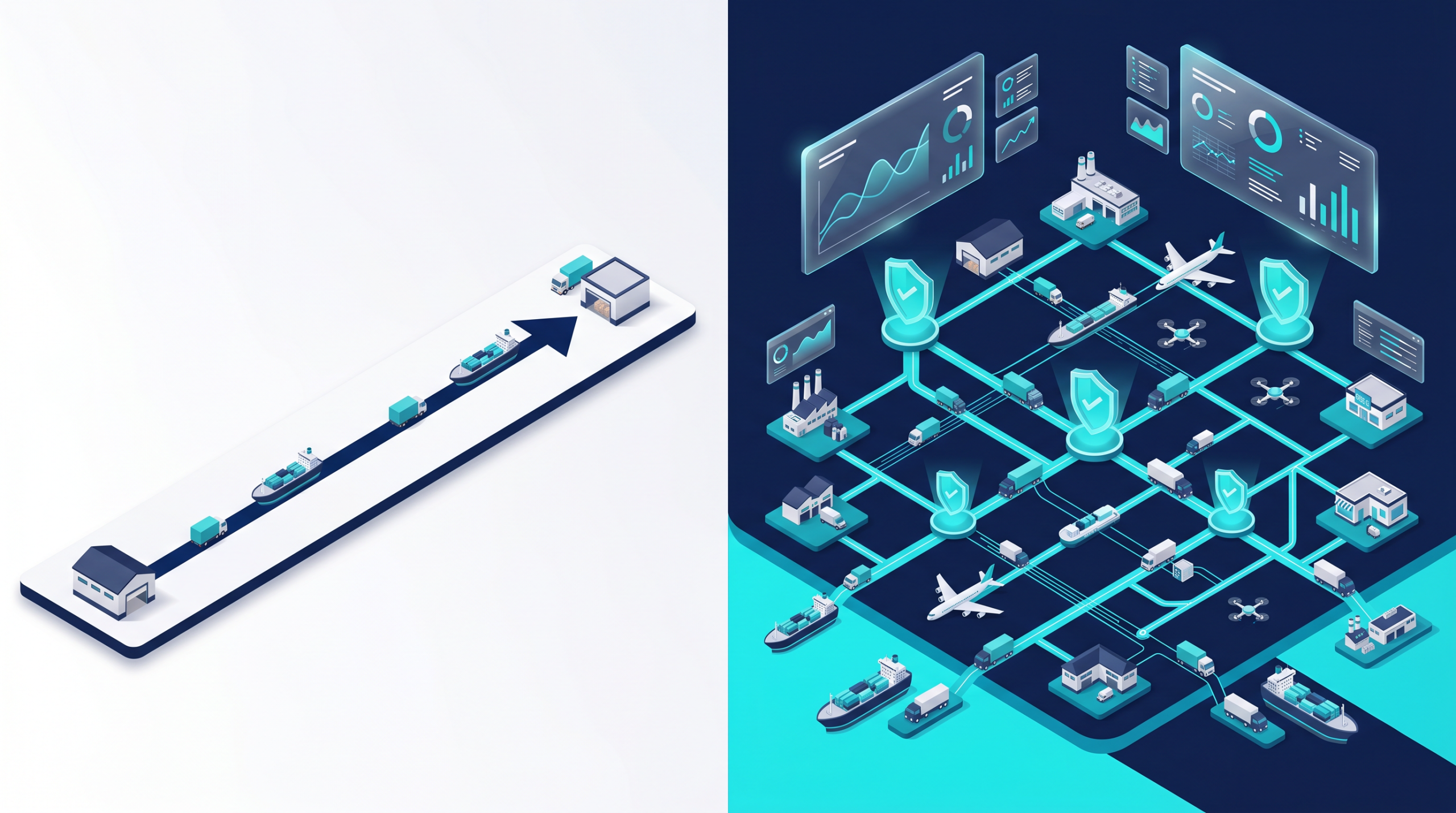 Geleneksel lojistik ile profesyonel tedarik zinciri yönetimi karşılaştırması – izometrik 3D infografik